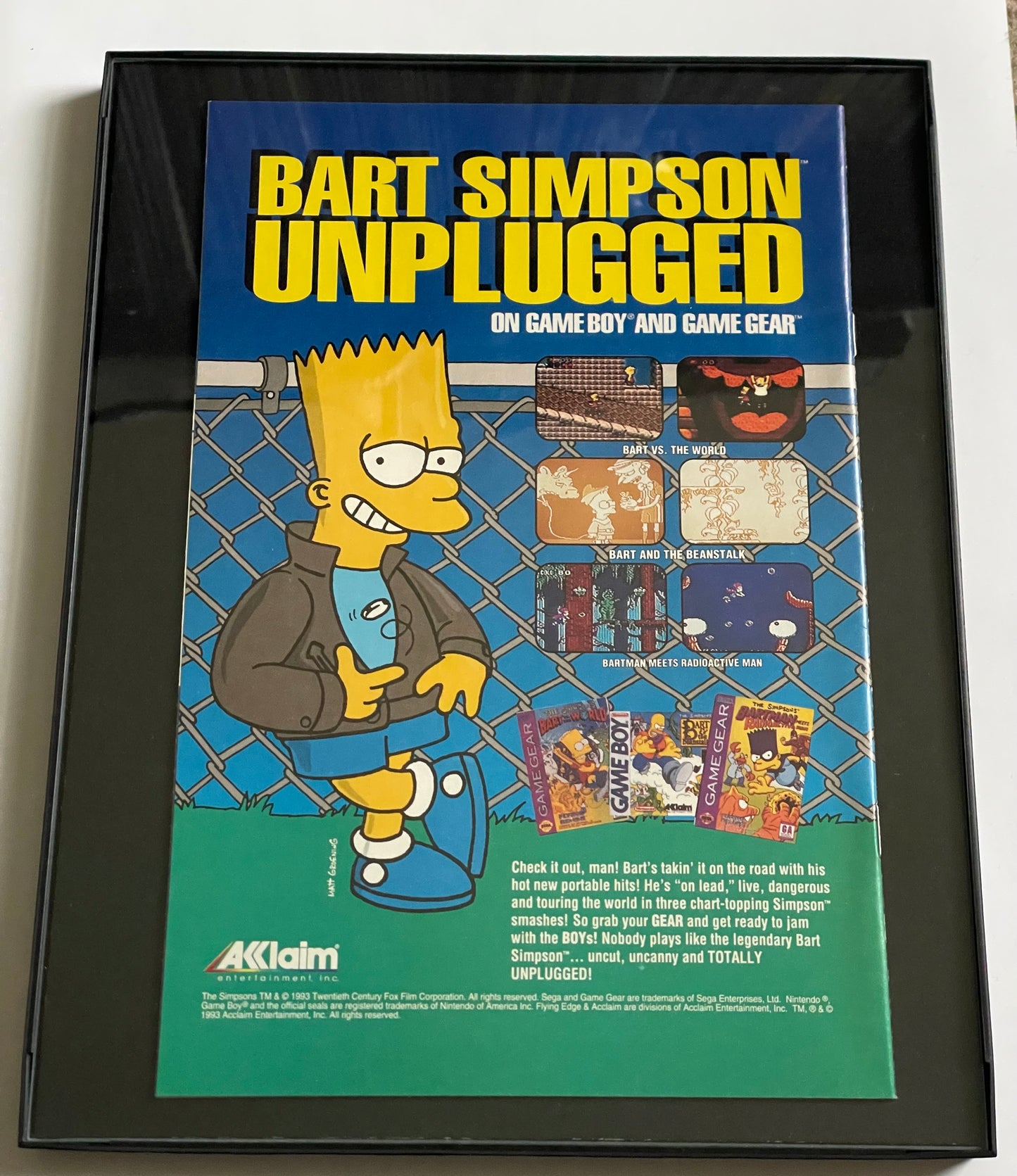 Framed Bart Simpson Unplugged Game Boy and Game Gear advertisement